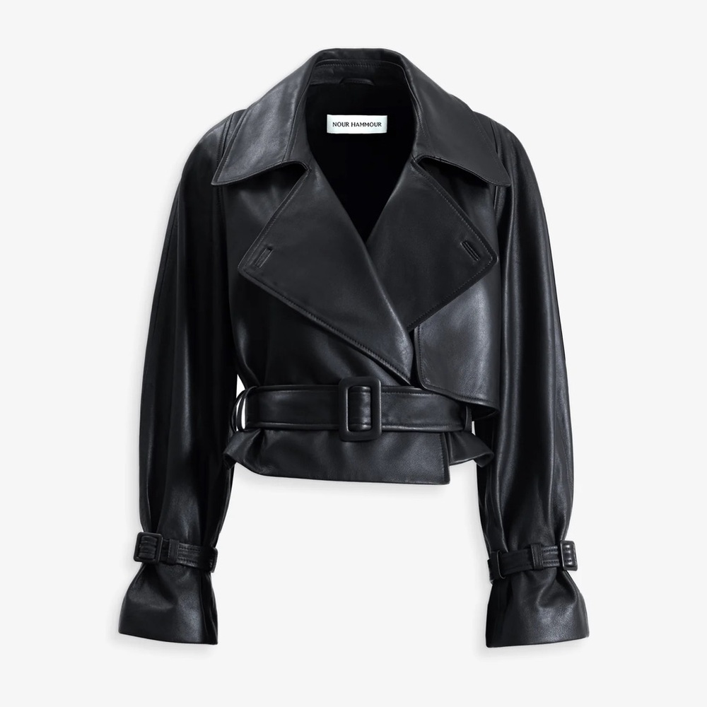 Nour Hammour Hatti Cropped Leather Jacket Black Sz 34